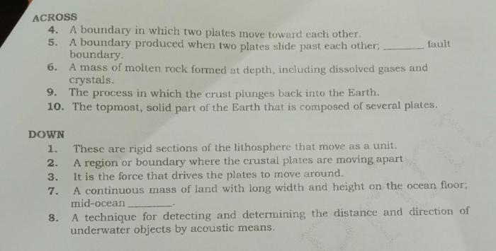 Crossword puzzle about plate tectonics